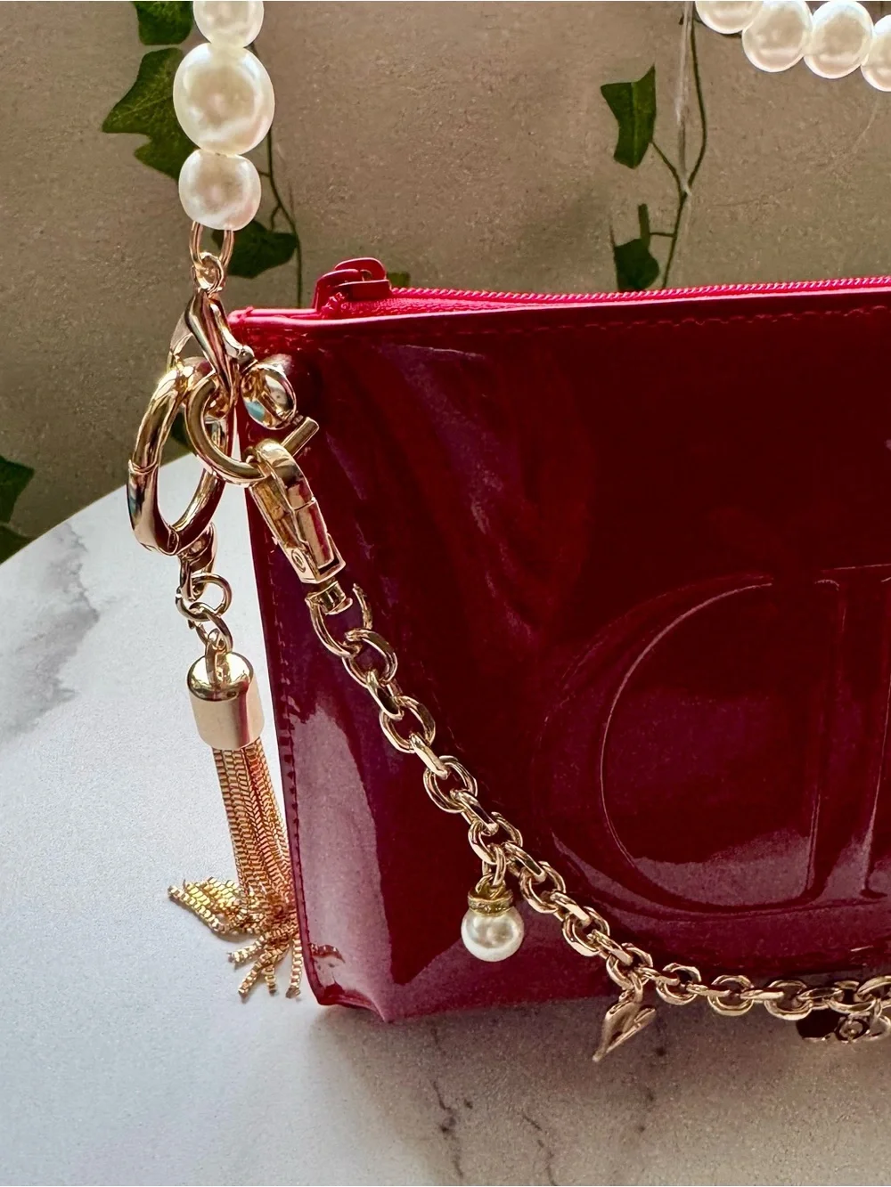 Dior Red Patent cosmetic pouch with gold hardware